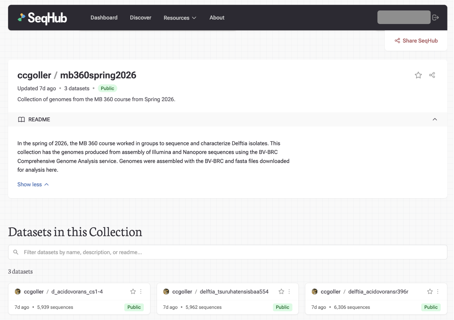 MB 360 Spring 2026 student datasets with SeqHub annotations, published to a shared public folder on SeqHub.